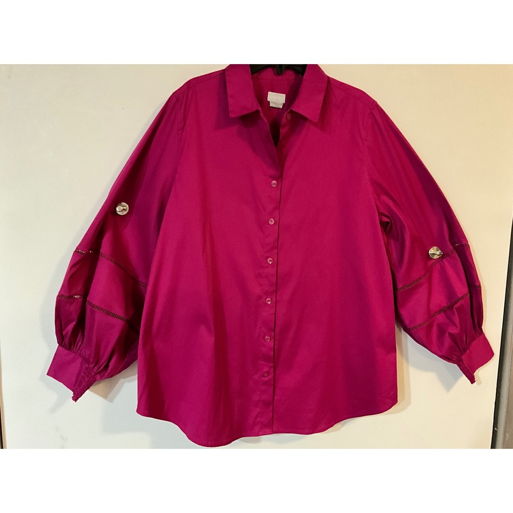 Chicos Magenta Pink Ladder Lace Balloon Sleeve Button Front Blouse Size 2 L